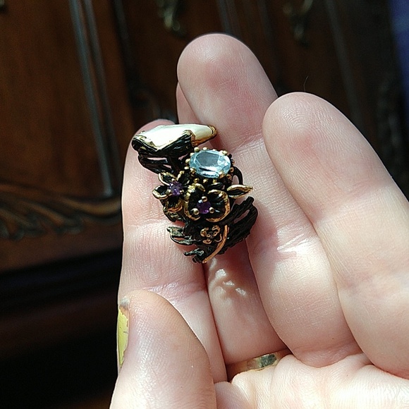 14k gold dipped 925 sterling silver oxidized coin pearl amethyst blue topaz ring - Picture 7 of 13